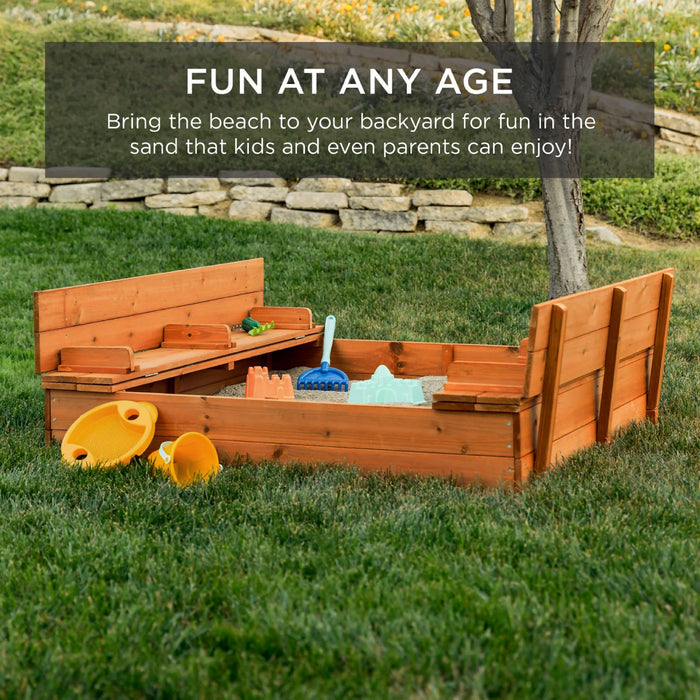 Kids Cedar Sandbox w/ Sand Screen, 2 Benches - 47x47in