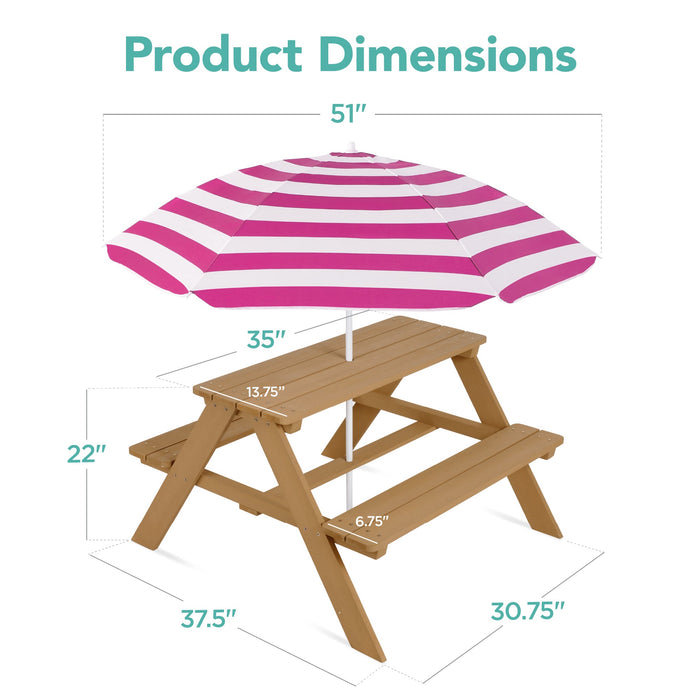 Kids Wooden Outdoor Picnic Table w/ Adjustable Umbrella, Built-In Seats