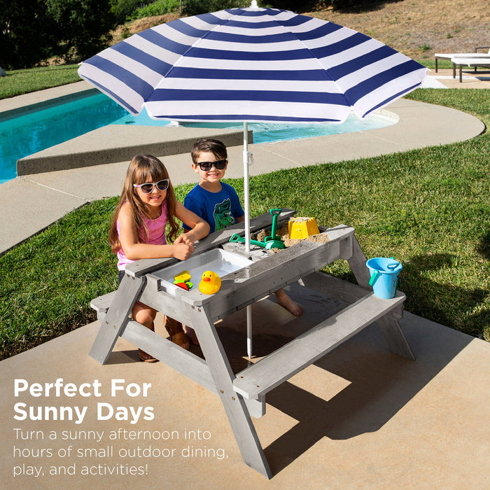 3-in-1 Kids Sand & Water Table Outdoor Wood Picnic Table w/ Umbrella