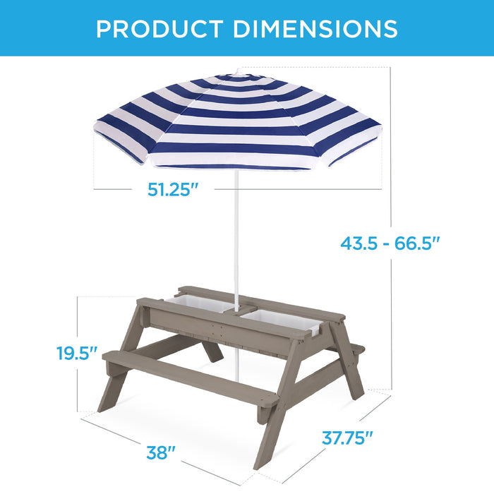 3-in-1 Kids Sand & Water Table Outdoor Wood Picnic Table w/ Umbrella