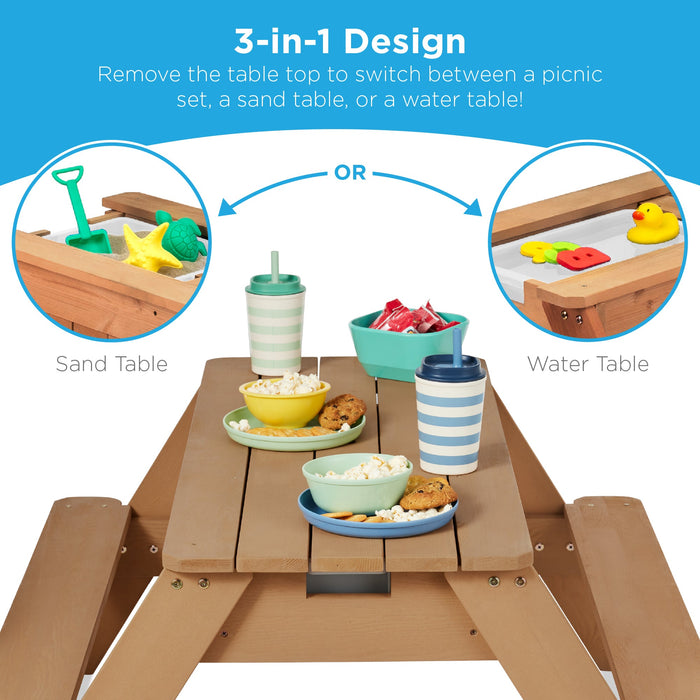 3-in-1 Kids Sand & Water Table Outdoor Wood Picnic Table w/ Umbrella