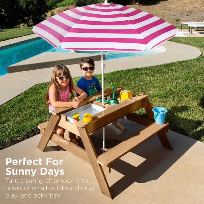 3-in-1 Kids Sand & Water Table Outdoor Wood Picnic Table w/ Umbrella