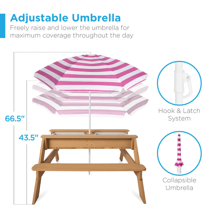 3-in-1 Kids Sand & Water Table Outdoor Wood Picnic Table w/ Umbrella