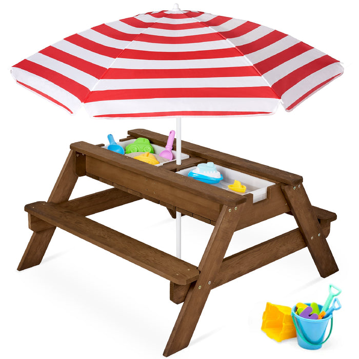 3-in-1 Kids Sand & Water Table Outdoor Wood Picnic Table w/ Umbrella