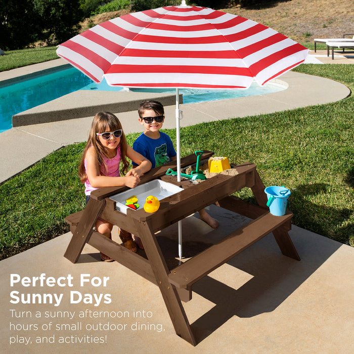 3-in-1 Kids Sand & Water Table Outdoor Wood Picnic Table w/ Umbrella