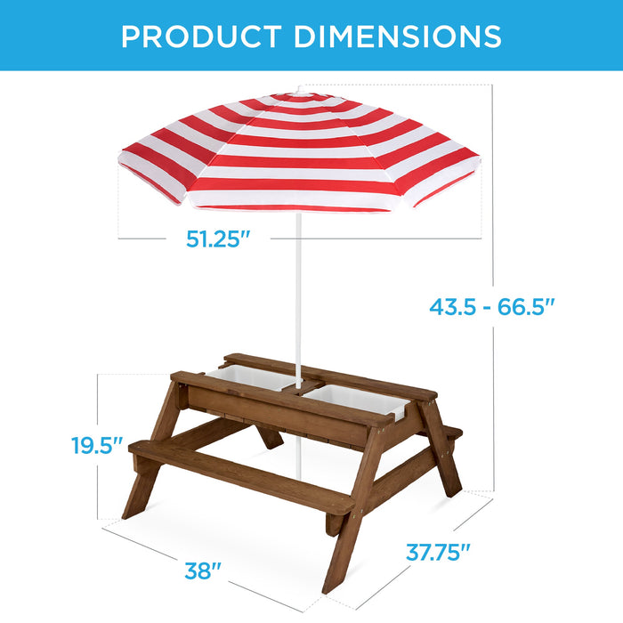 3-in-1 Kids Sand & Water Table Outdoor Wood Picnic Table w/ Umbrella