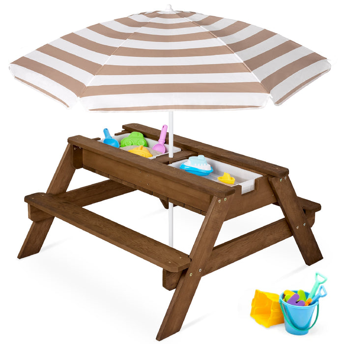 3-in-1 Kids Sand & Water Table Outdoor Wood Picnic Table w/ Umbrella