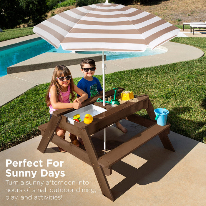 3-in-1 Kids Sand & Water Table Outdoor Wood Picnic Table w/ Umbrella