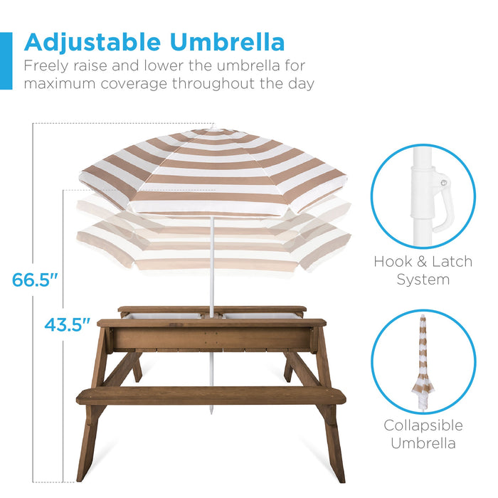 3-in-1 Kids Sand & Water Table Outdoor Wood Picnic Table w/ Umbrella