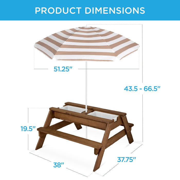 3-in-1 Kids Sand & Water Table Outdoor Wood Picnic Table w/ Umbrella