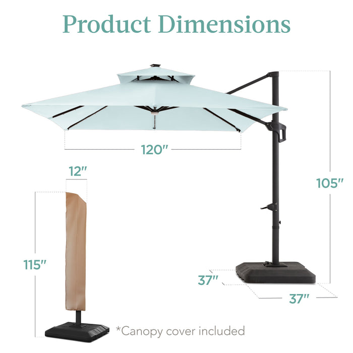 2-Tier Square LED Cantilever Offset Umbrella w/ 360 Rotation, Base - 10x10ft