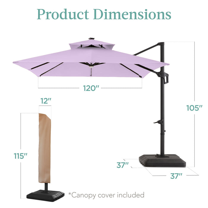 2-Tier Square LED Cantilever Offset Umbrella w/ 360 Rotation, Base - 10x10ft