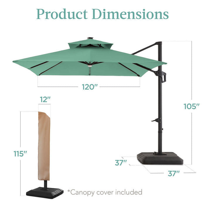 2-Tier Square LED Cantilever Offset Umbrella w/ 360 Rotation, Base - 10x10ft