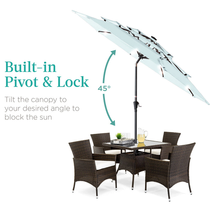 3-Tier Solar Patio Umbrella w/ LED Lights, Tilt Adjustment, Crank - 10ft