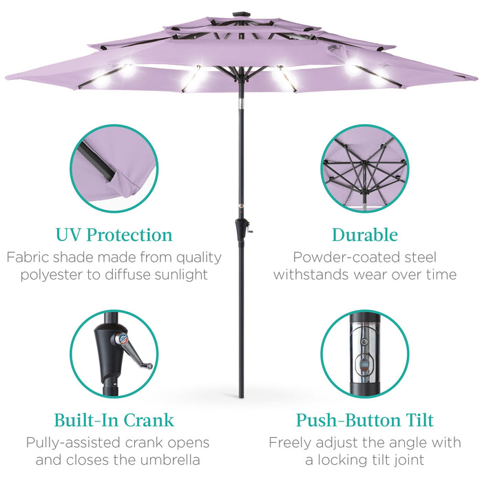 3-Tier Solar Patio Umbrella w/ LED Lights, Tilt Adjustment, Crank - 10ft