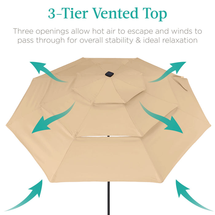 3-Tier Solar Patio Umbrella w/ LED Lights, Tilt Adjustment, Crank - 10ft