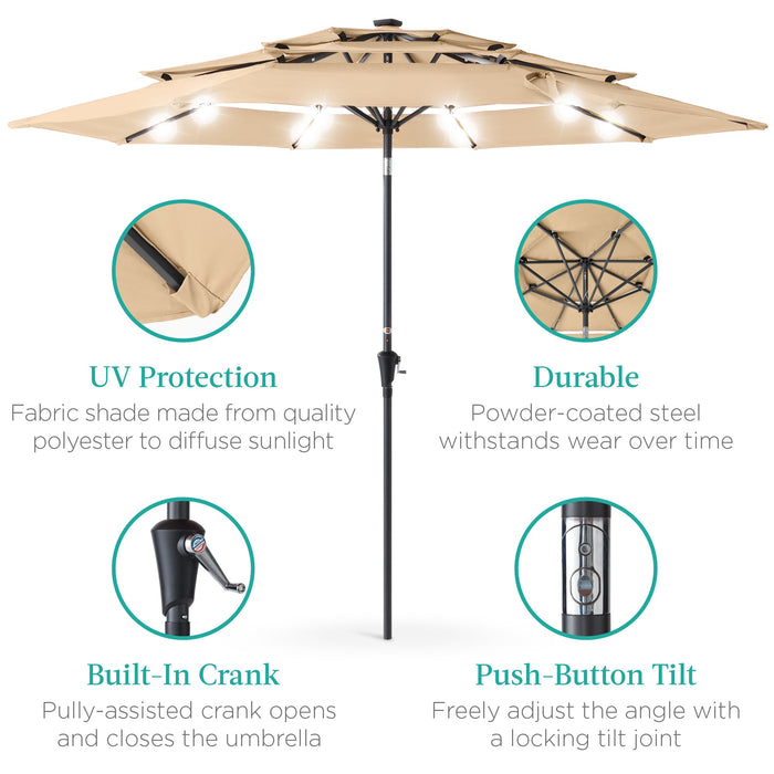 3-Tier Solar Patio Umbrella w/ LED Lights, Tilt Adjustment, Crank - 10ft