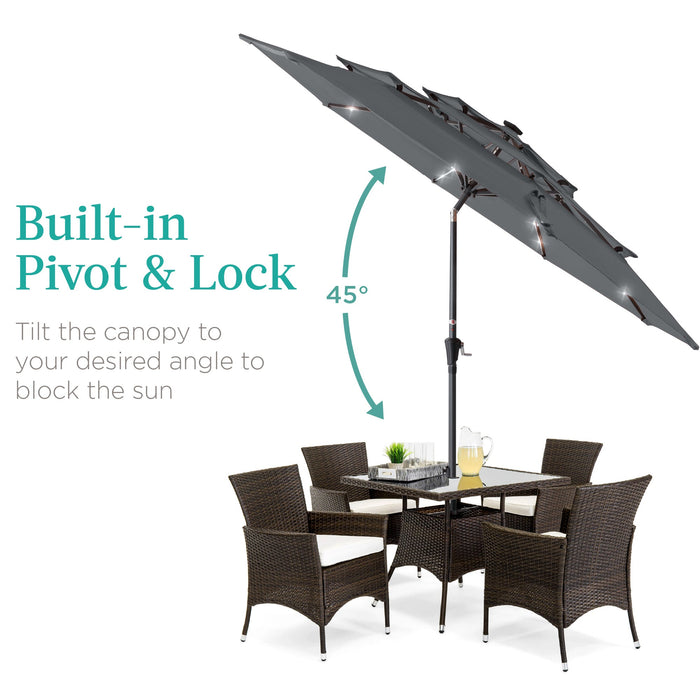 3-Tier Solar Patio Umbrella w/ LED Lights, Tilt Adjustment, Crank - 10ft