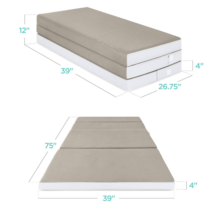 Folding Portable Taupe Mattress Topper w/ Plush Foam - 4in