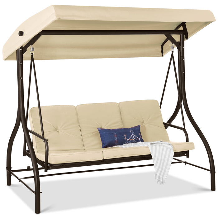 3-Seat Outdoor Canopy Swing Glider Furniture w/ Converting Flatbed Backrest