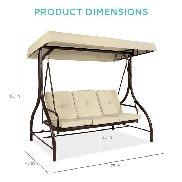 3-Seat Outdoor Canopy Swing Glider Furniture w/ Converting Flatbed Backrest