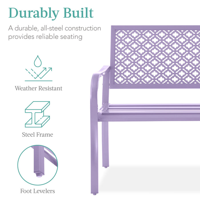 Indoor Outdoor Steel Bench w/ Geometric Backrest, Foot Levelers