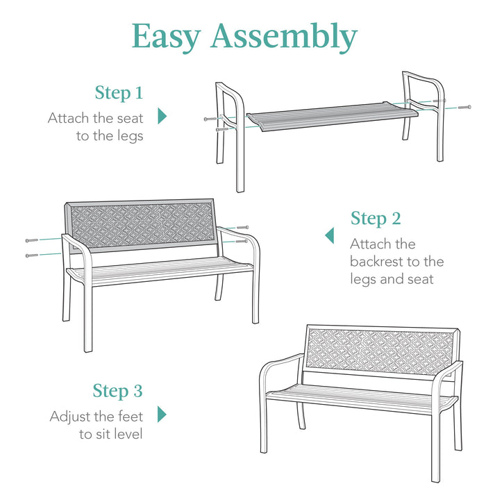 Indoor Outdoor Steel Bench w/ Geometric Backrest, Foot Levelers