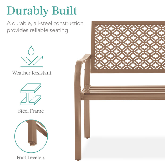 Indoor Outdoor Steel Bench w/ Geometric Backrest, Foot Levelers