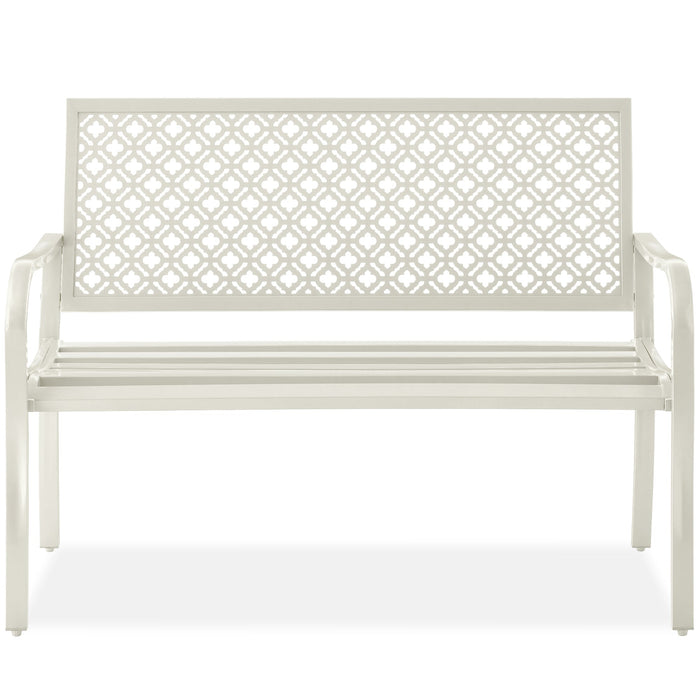 Indoor Outdoor Steel Bench w/ Geometric Backrest, Foot Levelers