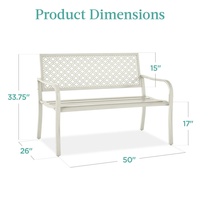 Indoor Outdoor Steel Bench w/ Geometric Backrest, Foot Levelers