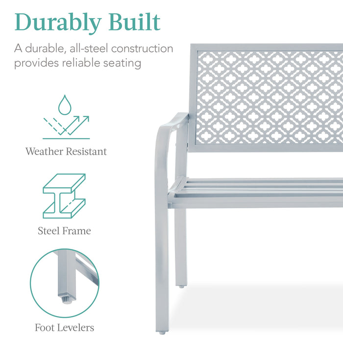 Indoor Outdoor Steel Bench w/ Geometric Backrest, Foot Levelers