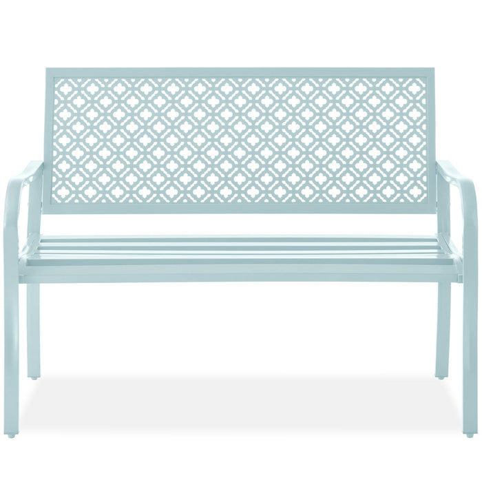 Indoor Outdoor Steel Bench w/ Geometric Backrest, Foot Levelers