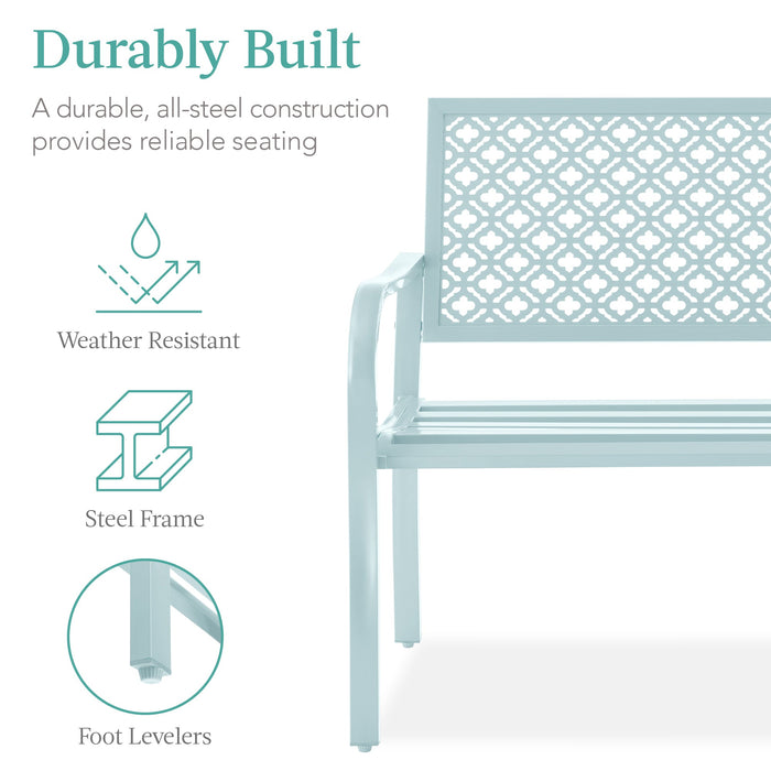 Indoor Outdoor Steel Bench w/ Geometric Backrest, Foot Levelers