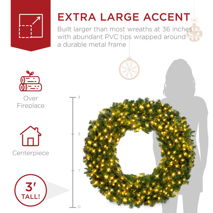 Pre-Lit Artificial Fir Christmas Wreath w/ LED Lights, Plug-In, PVC Tips