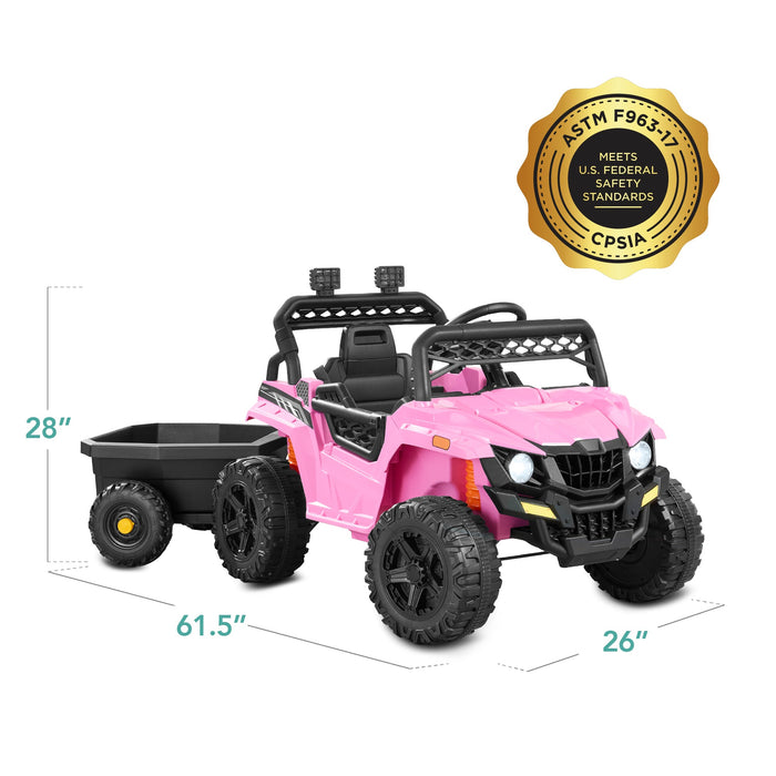 12V Kids Ride-On UTV and Trailer w/Parent Remote Control, LED Lights