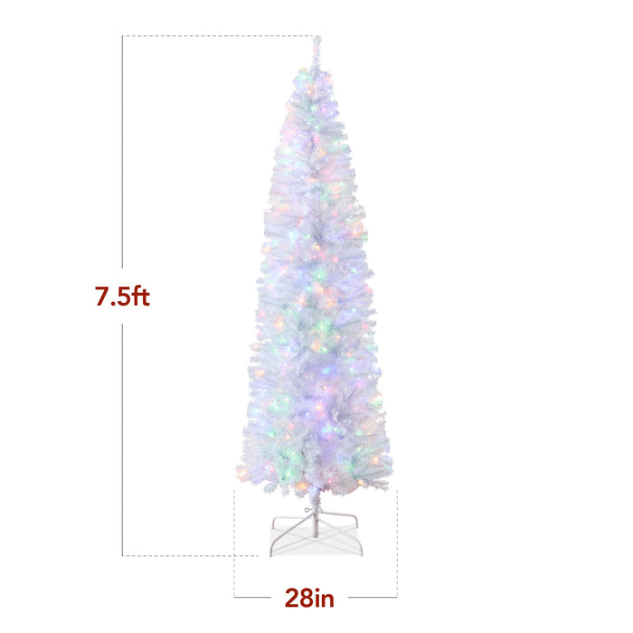 Pre-Lit White Pencil Christmas Tree w/ Metal Base, 2-in-1 Multicolor Lights