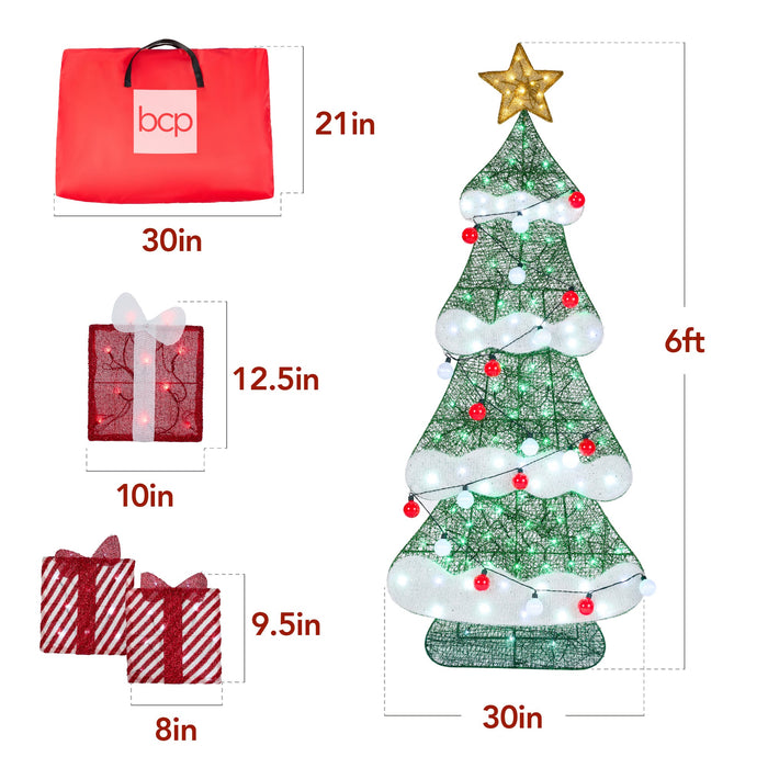 Décoration extérieure pour sapin de Noël illuminé 2D de 6 pieds avec 170 lumières LED, 3 boîtes cadeaux