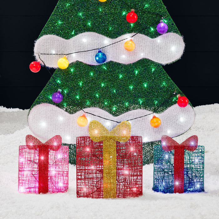 Décoration extérieure pour sapin de Noël illuminé 2D de 6 pieds avec 170 lumières LED, 3 boîtes cadeaux