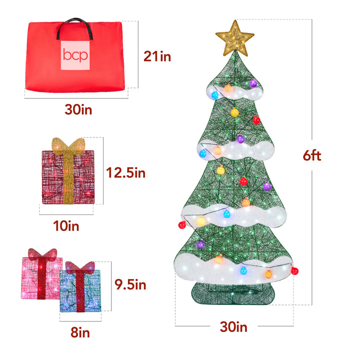 Décoration extérieure pour sapin de Noël illuminé 2D de 6 pieds avec 170 lumières LED, 3 boîtes cadeaux