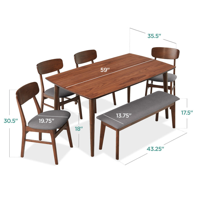 6-Piece Mid-Century Modern Upholstered Wooden Dining Set w/ 4 Chairs, Bench