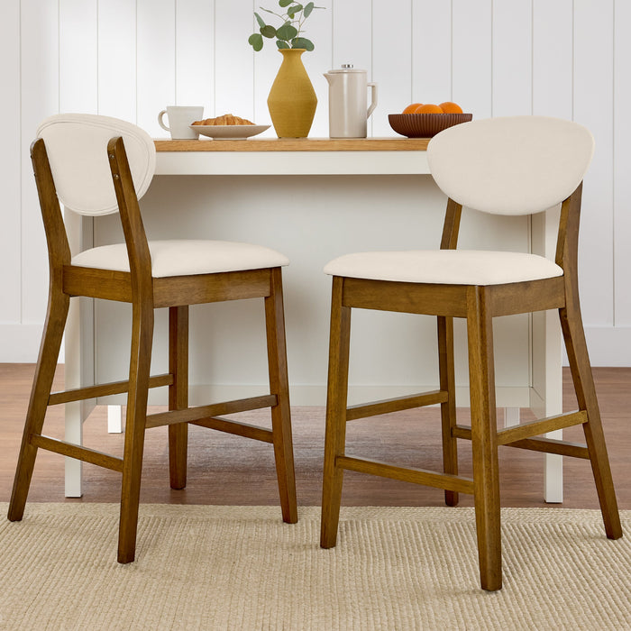 2-Piece Mid-Century Modern Wood &Upholstered Counter Height Bar Stool Set