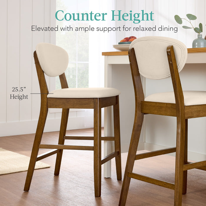 2-Piece Mid-Century Modern Wood &Upholstered Counter Height Bar Stool Set