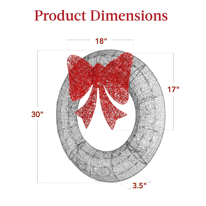 Pre-Lit Outdoor Christmas Wreath, LED Metal Holiday Decor w/ Bow - 30in