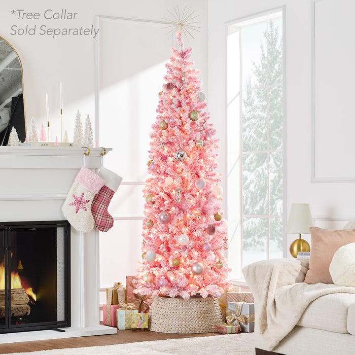 Pre-Lit Snow Flocked Pink Artificial Pencil Christmas Tree