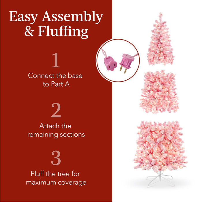 Pre-Lit Snow Flocked Pink Artificial Pencil Christmas Tree