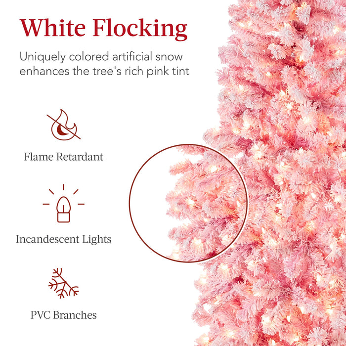 Pre-Lit Snow Flocked Pink Artificial Pencil Christmas Tree