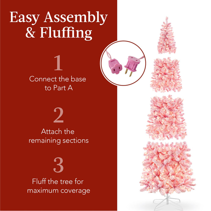 Pre-Lit Snow Flocked Pink Artificial Pencil Christmas Tree