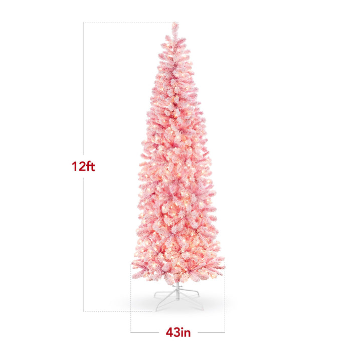 Pre-Lit Snow Flocked Pink Artificial Pencil Christmas Tree