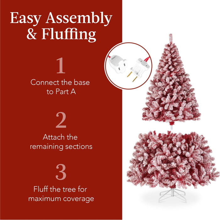 Pre-Lit Red Flocked Artificial Pine Christmas Tree w/ White Lights