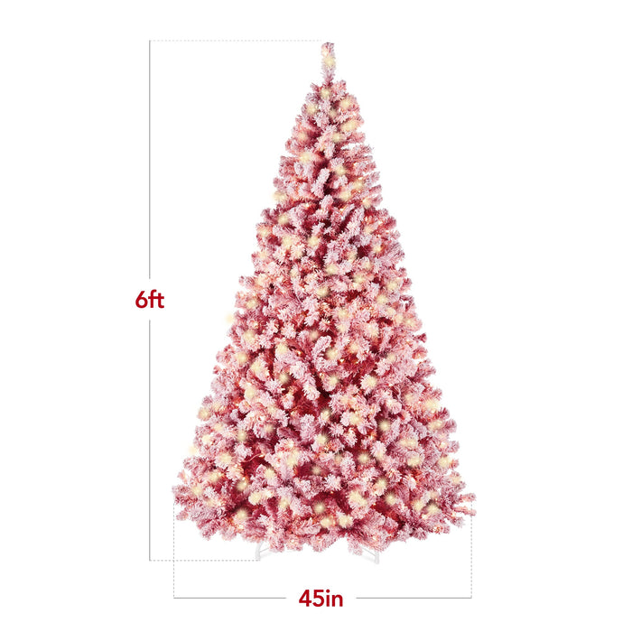 Pre-Lit Red Flocked Artificial Pine Christmas Tree w/ White Lights